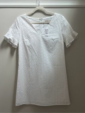 NWT Loft White Eyelet Shift Dress with Ruffle Flutter Sleeves Size 4